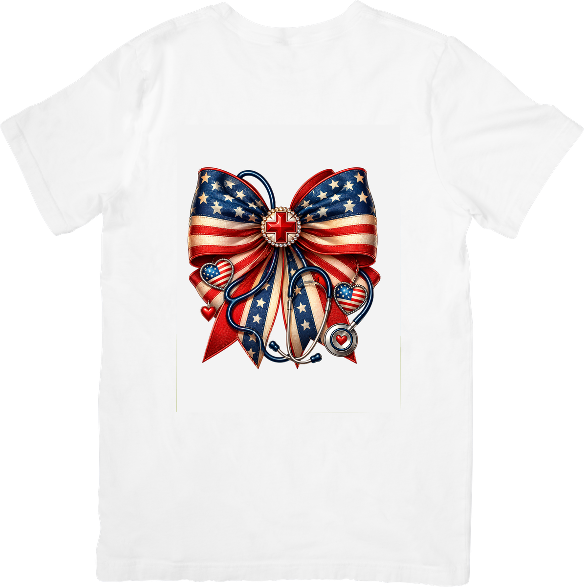 Patriotic Nurse Bow T-Shirt | American Flag Stethoscope Graphic Tee | 4th Of July Nurse Gift