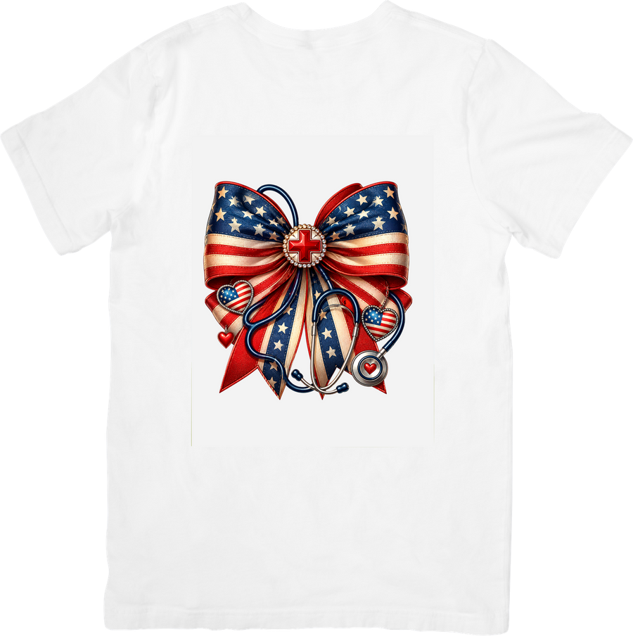 Patriotic Nurse Bow T-Shirt | American Flag Stethoscope Graphic Tee | 4th Of July Nurse Gift