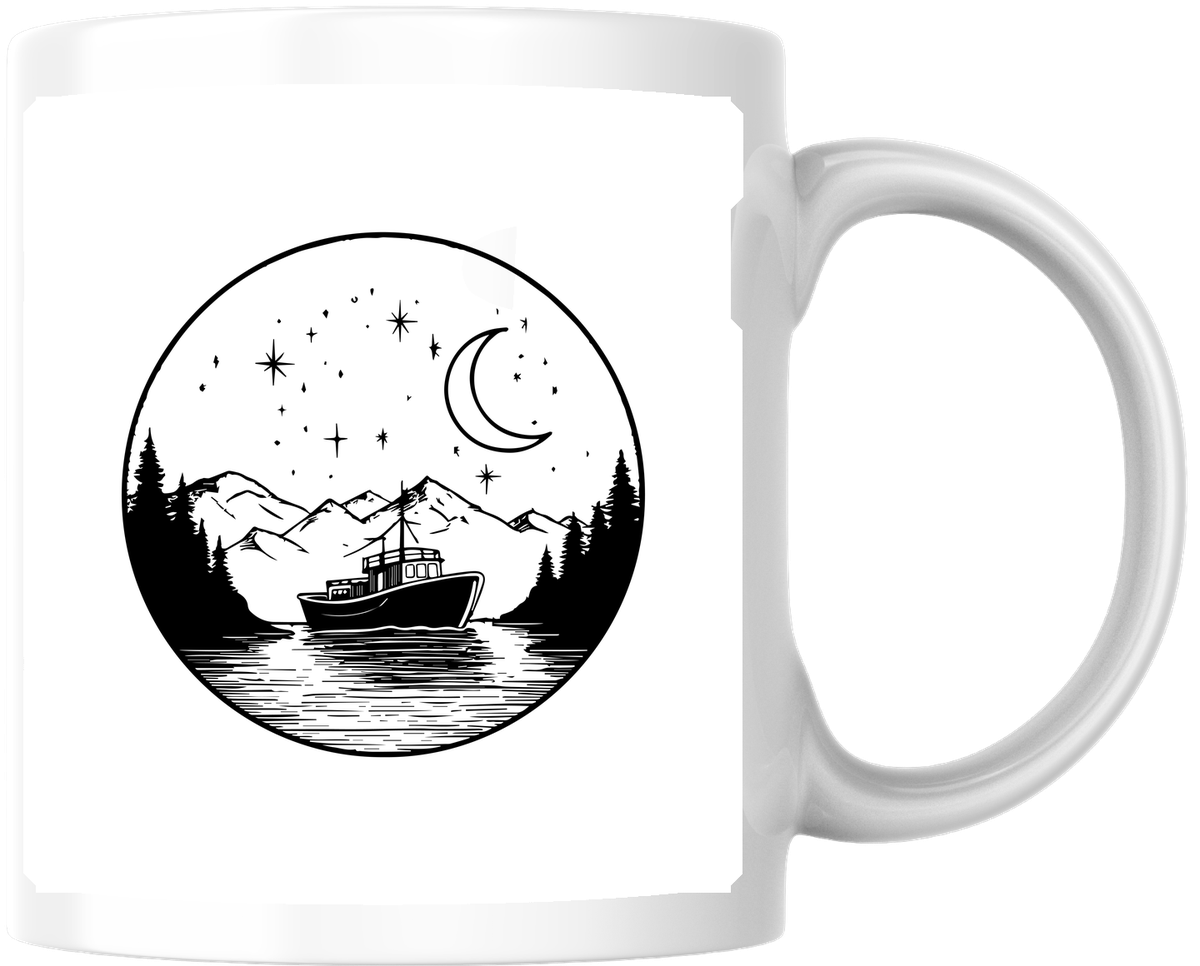 Fishing Boat Night Scene Mug | Line Art Mountain Lake Coffee Mug | Outdoor Angler Gift