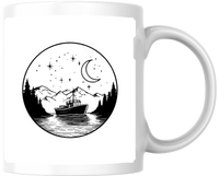 Thumbnail for Fishing Boat Night Scene Mug | Line Art Mountain Lake Coffee Mug | Outdoor Angler Gift
