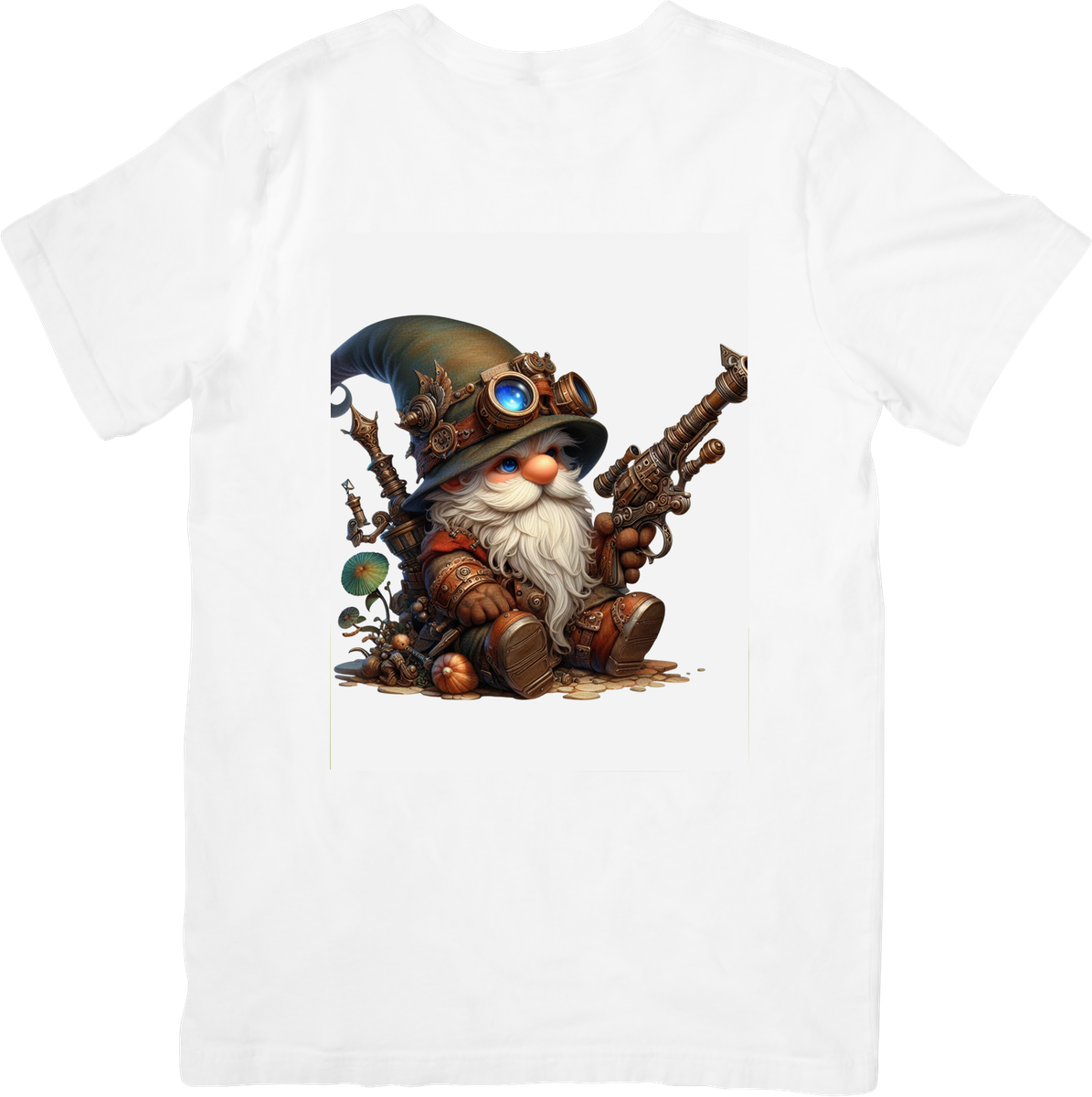 Steampunk Gnome Gunslinger T-Shirt | Fantasy Mechanical Rifle Graphic Tee | Sci-Fi Gamer Gift