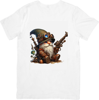 Thumbnail for Steampunk Gnome Gunslinger T-Shirt | Fantasy Mechanical Rifle Graphic Tee | Sci-Fi Gamer Gift