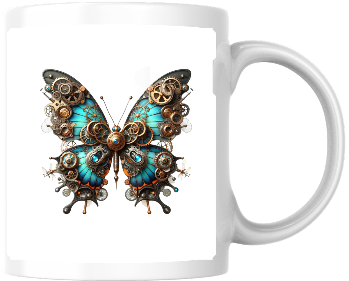 Steampunk Butterfly Mug | Mechanical Gears Blue Wing Coffee Mug | Vintage Industrial Gift
