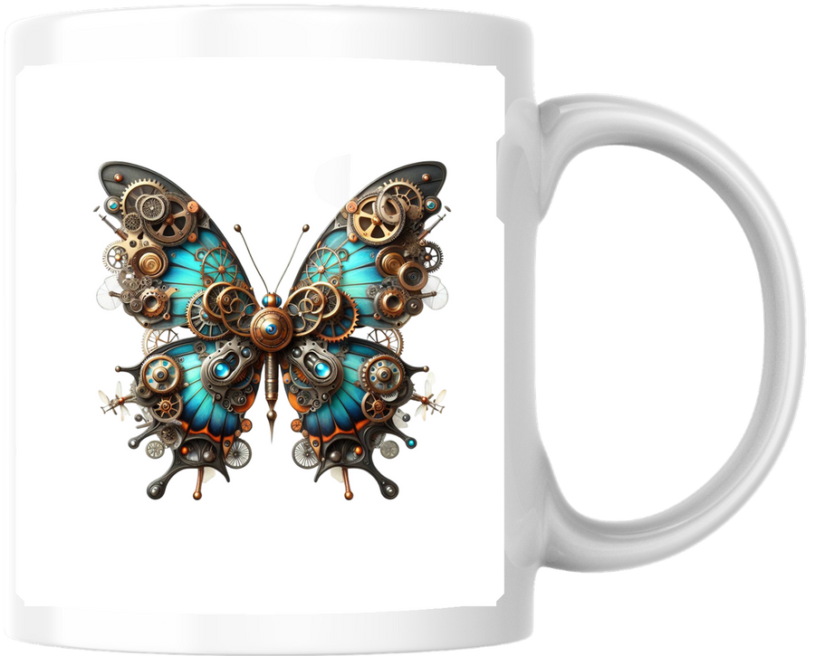 Steampunk Butterfly Mug | Mechanical Gears Blue Wing Coffee Mug | Vintage Industrial Gift