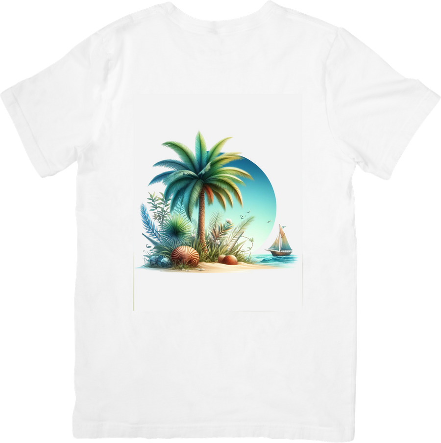 Tropical Island Palm T-Shirt | Beach Sailboat Paradise Graphic Tee | Summer Vacation Gift