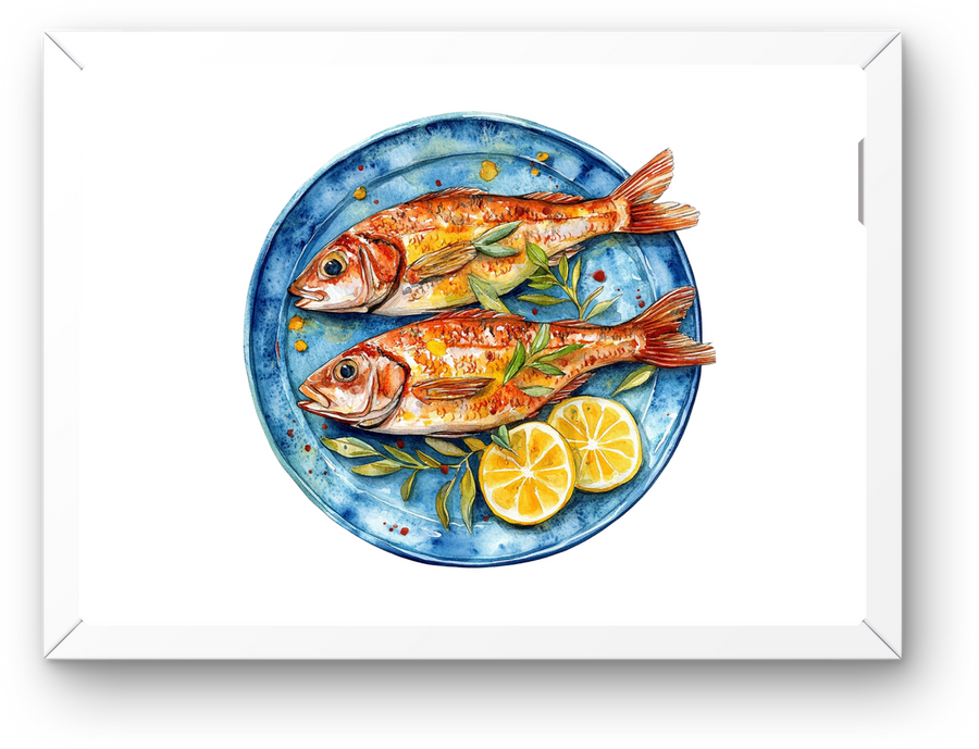 Grilled Fish Plate Wall Art | Watercolor Seafood Lemon Print | Kitchen Dining Gift