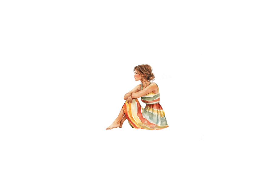 Boho Woman in Striped Dress Throw Pillow | Watercolor Serene Figure Pillow | Bohemian Decor Gift